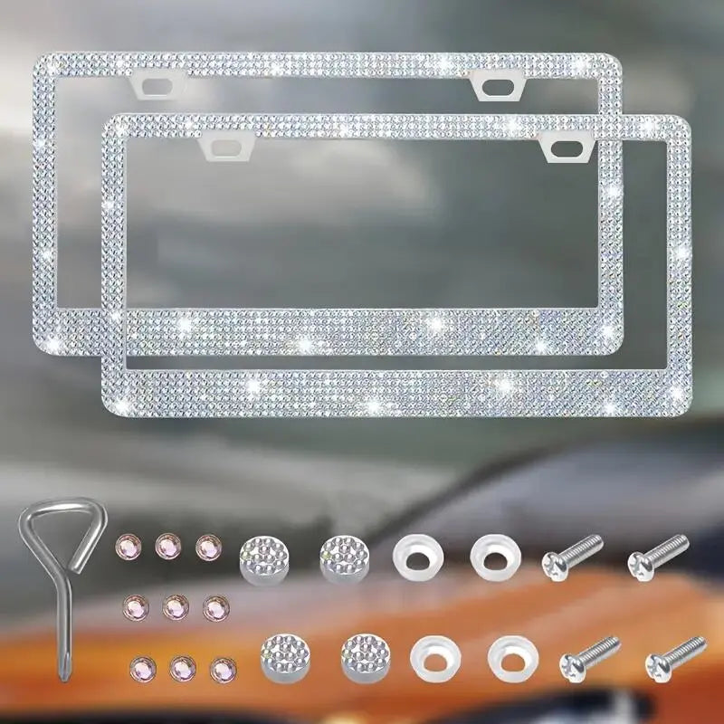 Rhinestone-Embellished Stainless Steel License Plate Frame Kit for Automotive Exterior Decoration