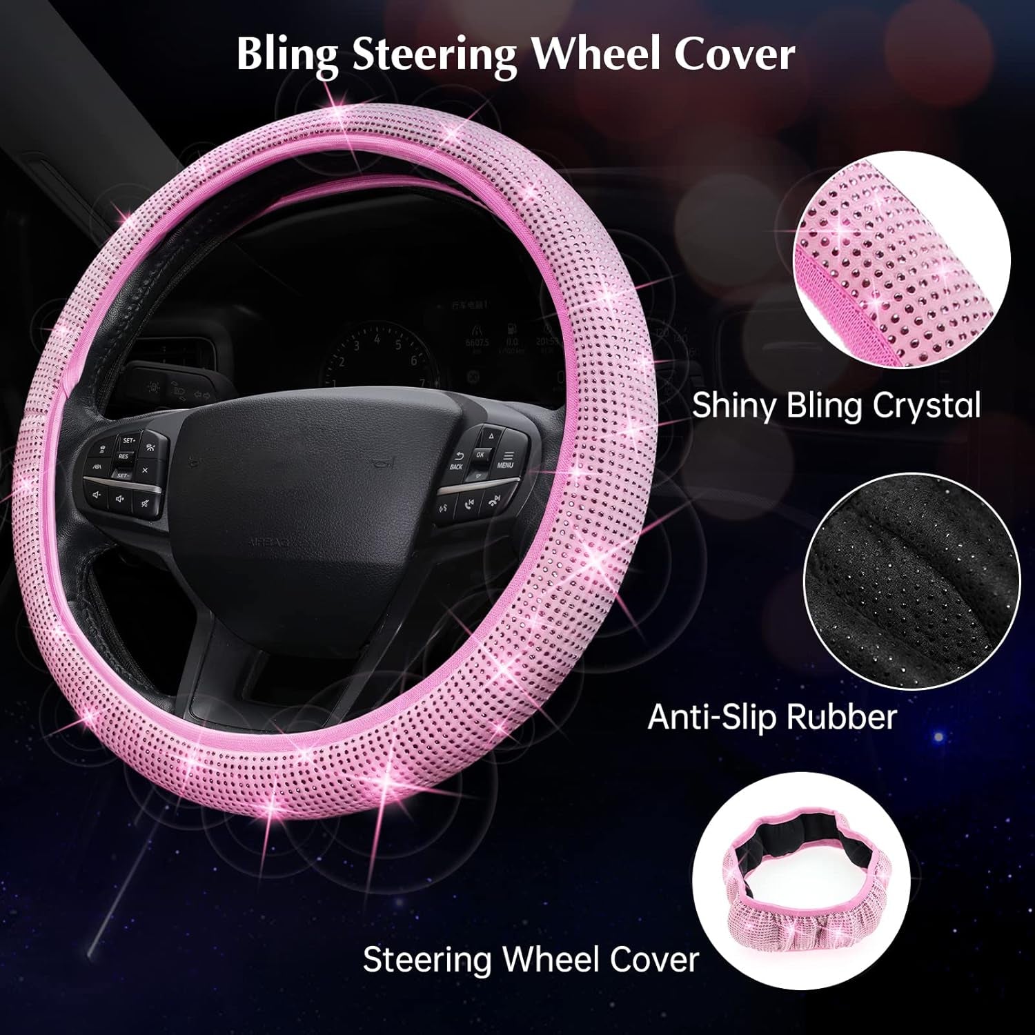 11-Piece Women's Bling Car Accessories Set - Steering Wheel Cover, Butterfly Hanging Ornament, Seat Belt Cover, Air Vent Clips, and Coasters in Pink Glitter Diamond Finish