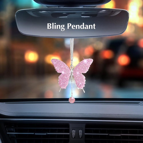 11-Piece Women's Bling Car Accessories Set - Steering Wheel Cover, Butterfly Hanging Ornament, Seat Belt Cover, Air Vent Clips, and Coasters in Pink Glitter Diamond Finish