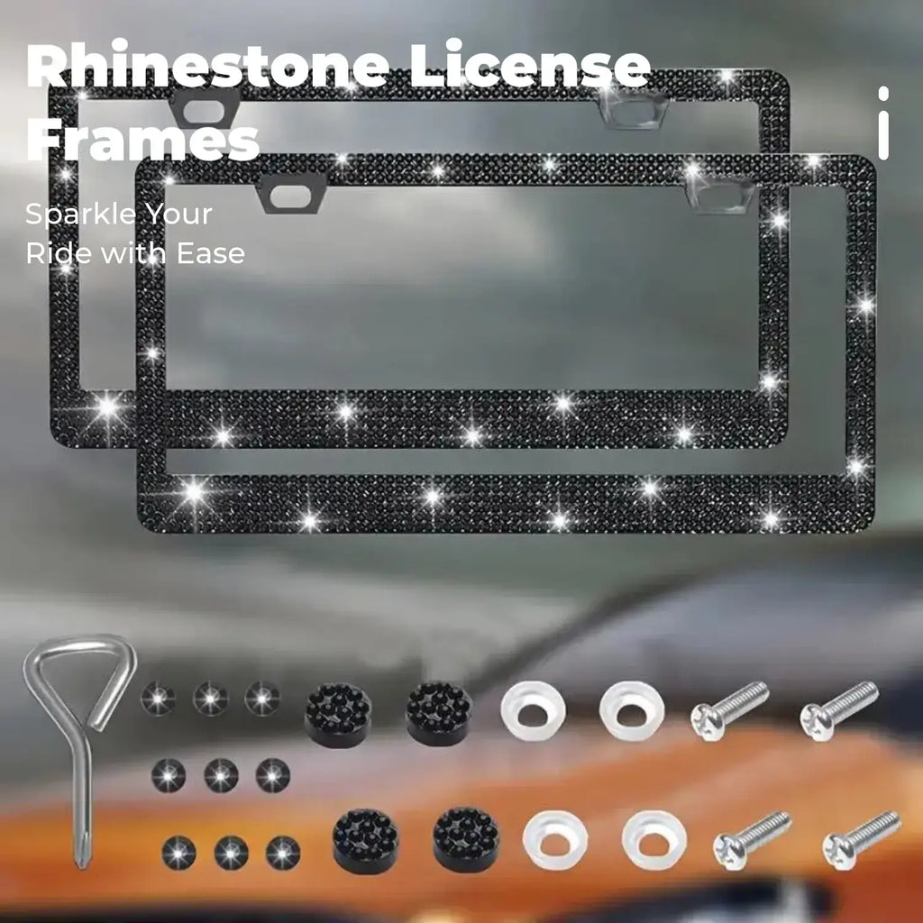 Rhinestone-Embellished Stainless Steel License Plate Frame Kit for Automotive Exterior Decoration