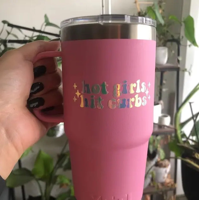 Holographic Y2K Aesthetic Vinyl Decal - "Hot Girls Hit Curbs" for Water Bottles, Cars, and Laptops