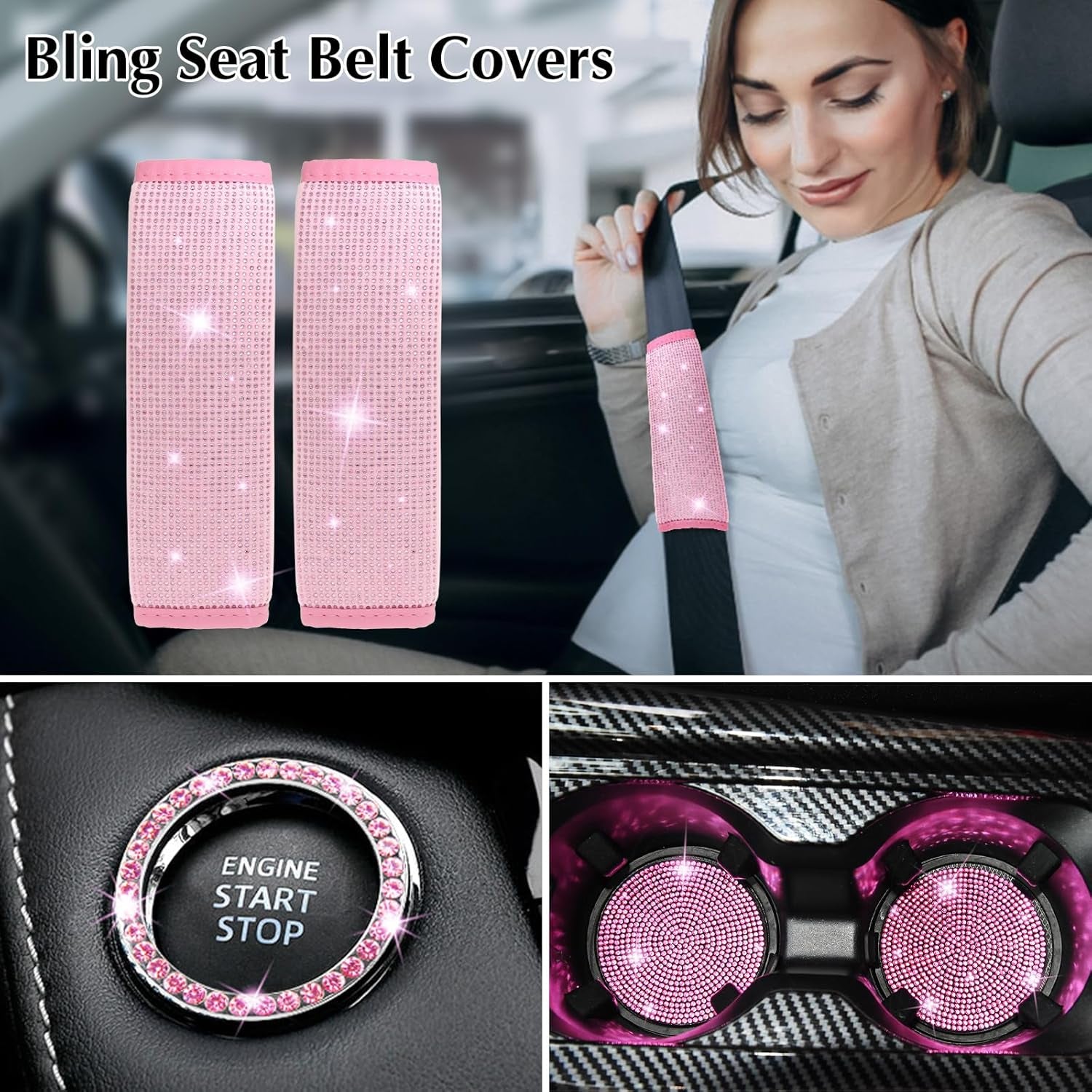 11-Piece Women's Bling Car Accessories Set - Steering Wheel Cover, Butterfly Hanging Ornament, Seat Belt Cover, Air Vent Clips, and Coasters in Pink Glitter Diamond Finish
