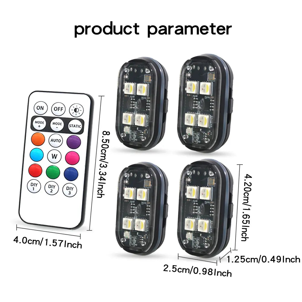 Upgraded 4-Piece Wireless LED Strobe Light Set for Automotive and Recreational Use, Featuring Remote Control and USB-C Charging