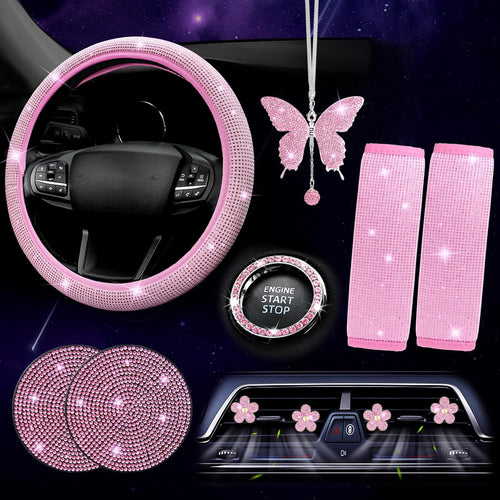 11-Piece Women's Bling Car Accessories Set - Steering Wheel Cover, Butterfly Hanging Ornament, Seat Belt Cover, Air Vent Clips, and Coasters in Pink Glitter Diamond Finish
