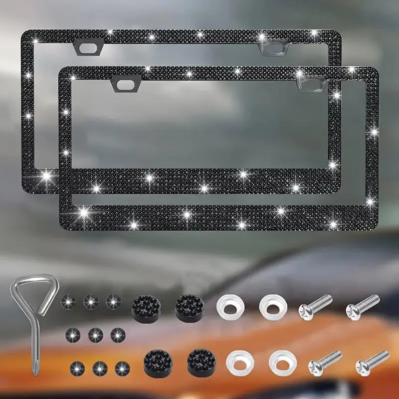 Rhinestone-Embellished Stainless Steel License Plate Frame Kit for Automotive Exterior Decoration