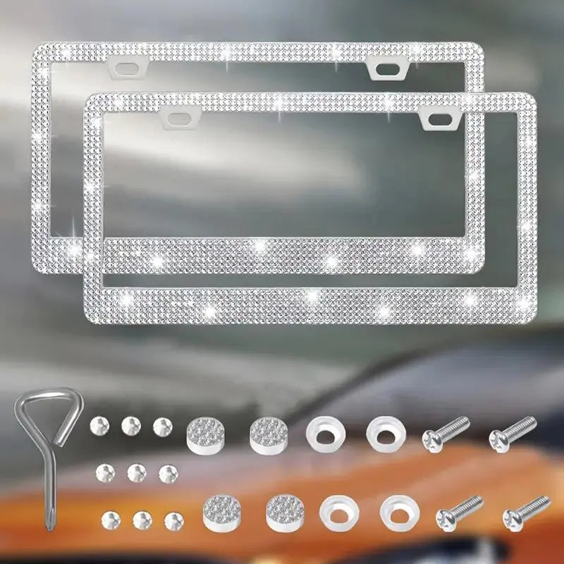 Rhinestone-Embellished Stainless Steel License Plate Frame Kit for Automotive Exterior Decoration