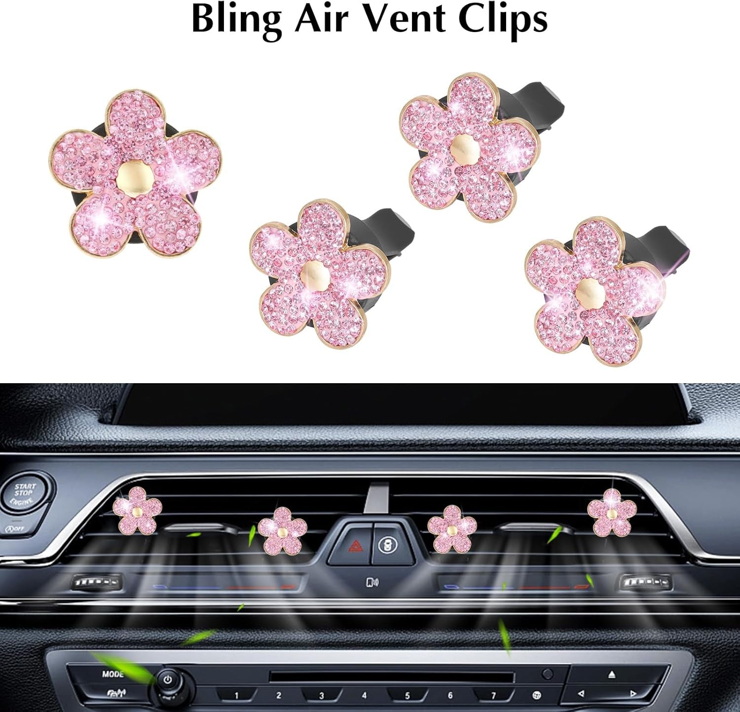 11-Piece Women's Bling Car Accessories Set - Steering Wheel Cover, Butterfly Hanging Ornament, Seat Belt Cover, Air Vent Clips, and Coasters in Pink Glitter Diamond Finish