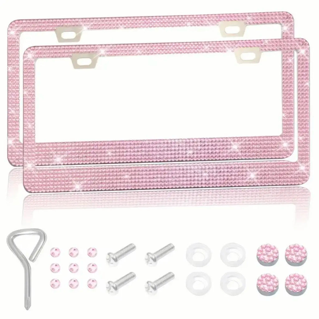 Rhinestone-Embellished Stainless Steel License Plate Frame Kit for Automotive Exterior Decoration